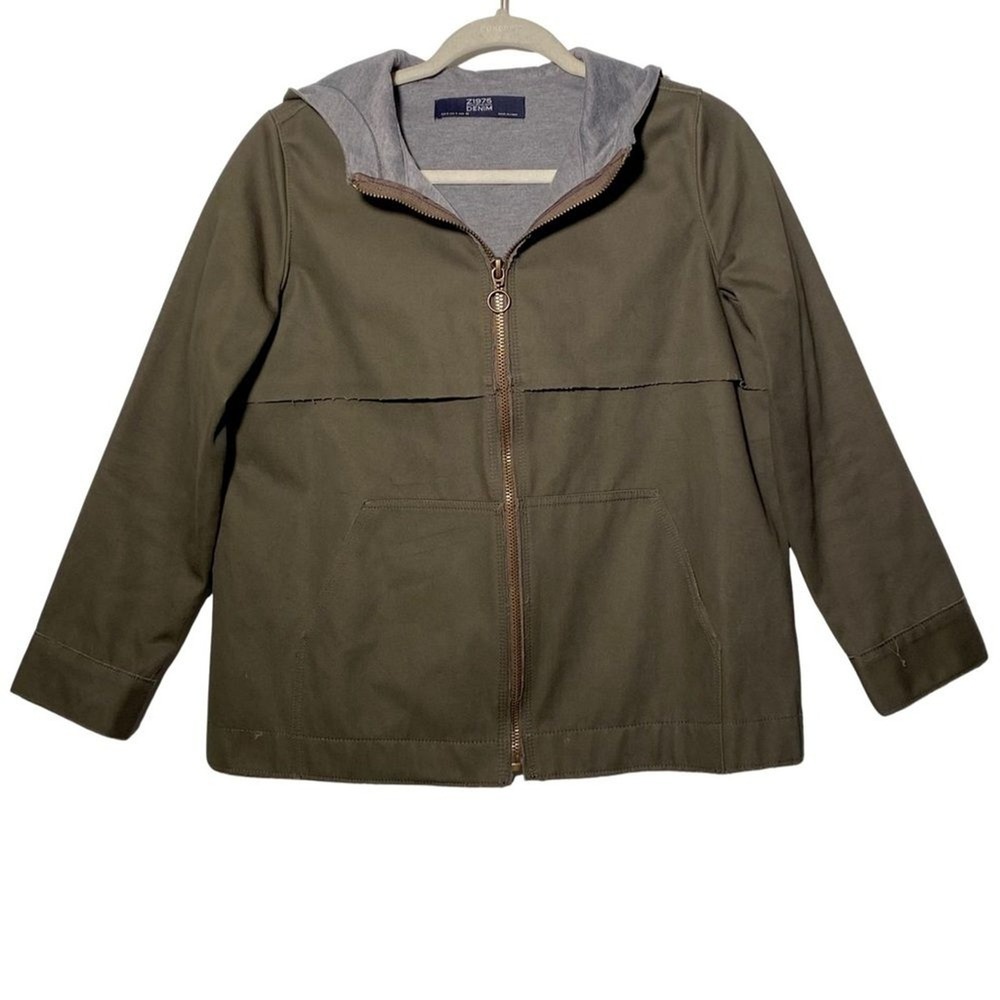 Zara‎ Z1975 Denim Olive Green Hooded Jacket Denim Zip Utility Boxy Small